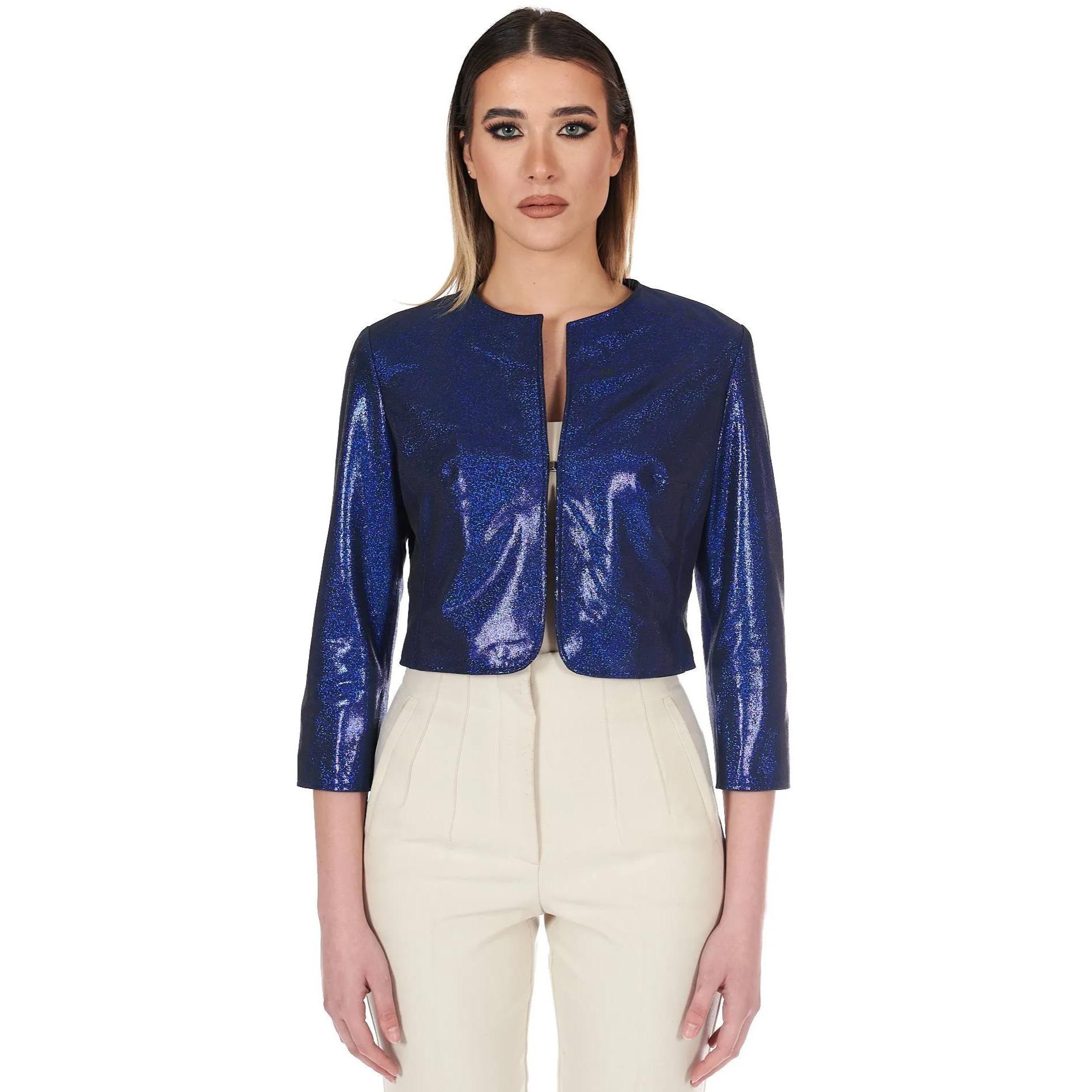 Giacca corta bolero in pelle laminata blu girocollo