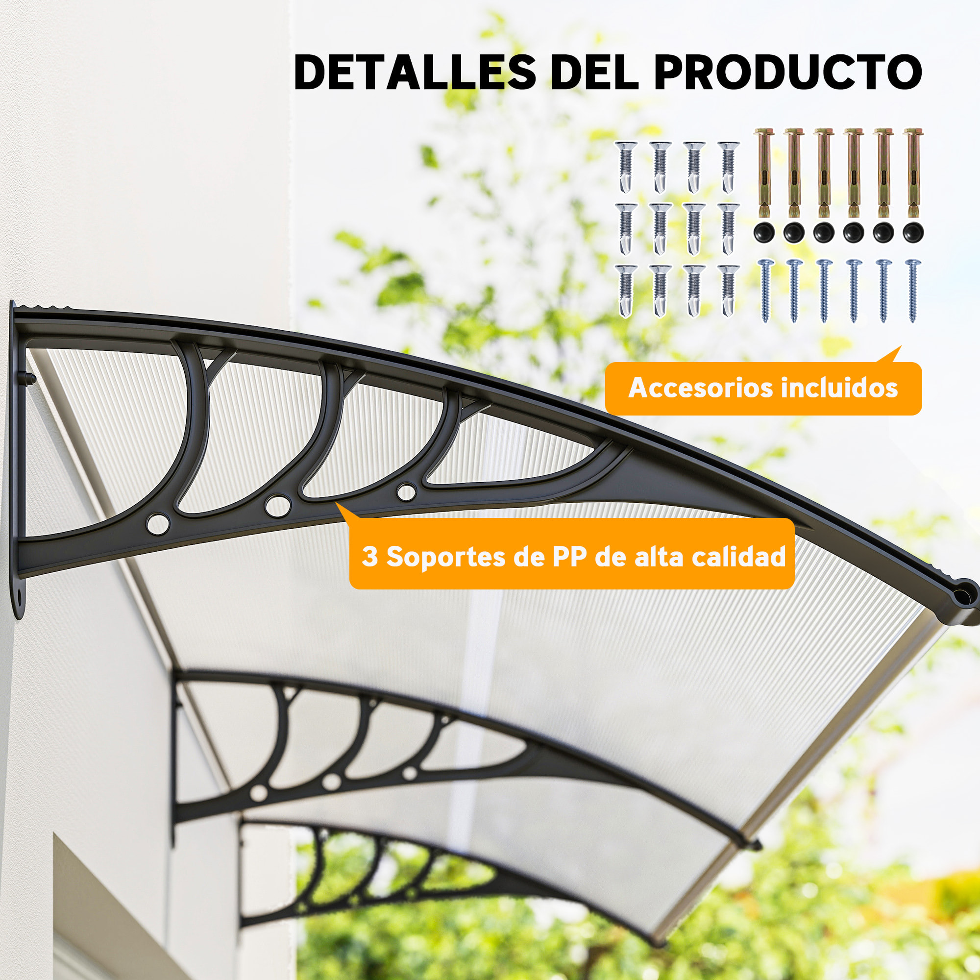 Marquesinas Exterior para Puertas y Ventanas, 195x75 cm, Tejadillo de Protección contra Sol y Lluvia, con Cubierta de Policarbonato, Soporte de Aleación de Aluminio, Blanco