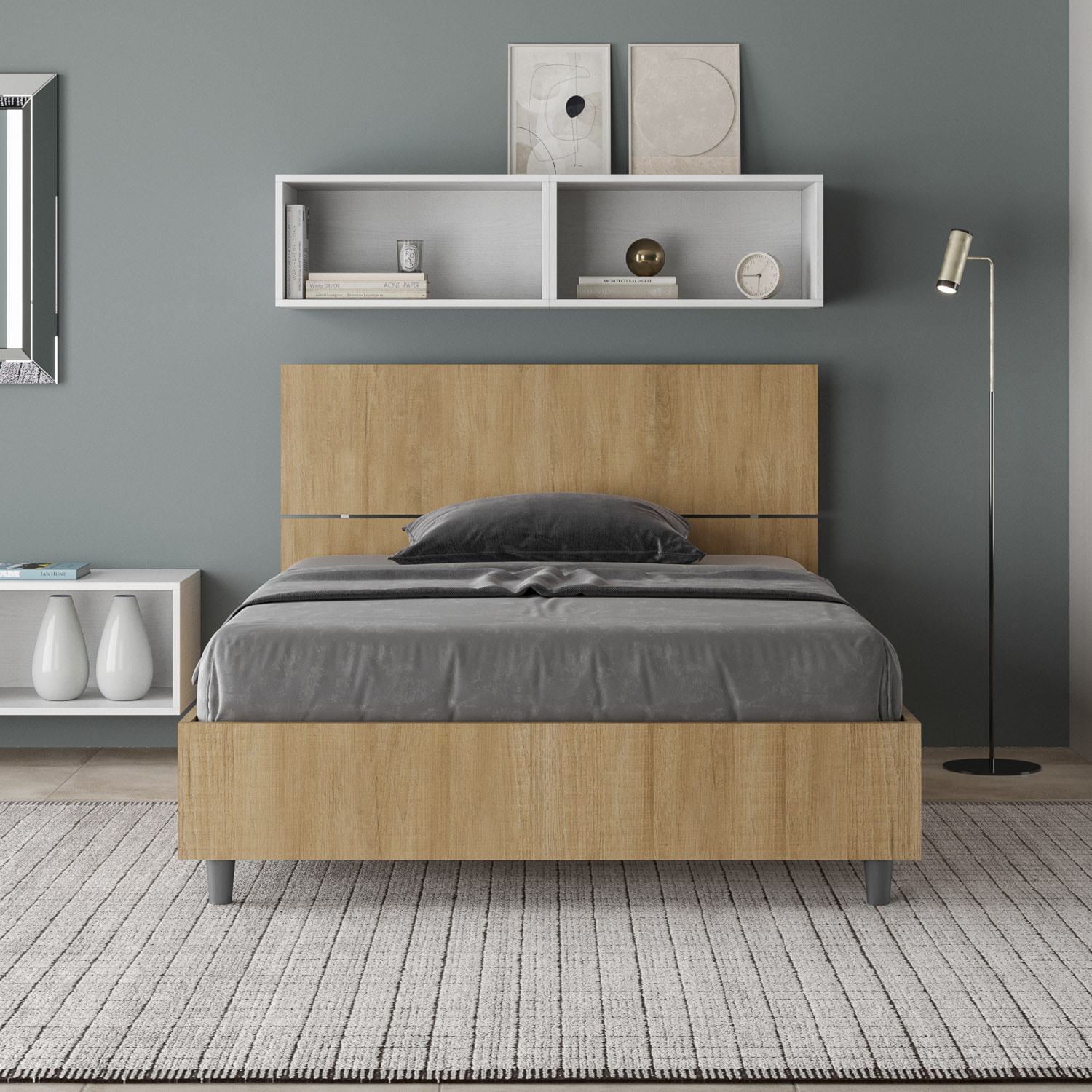 Letto una piazza e mezza con rete 120x200 testata dritta quercia Demas