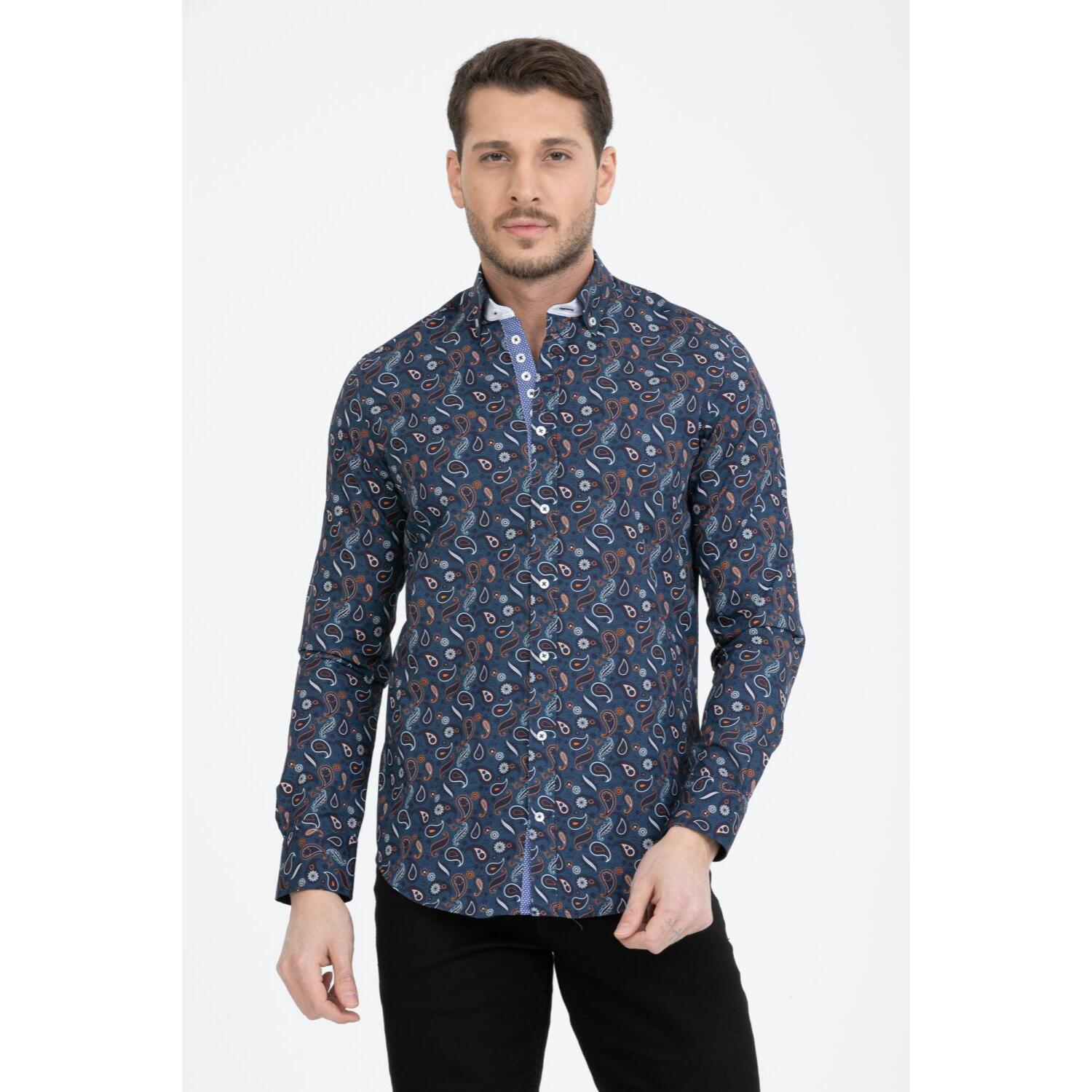 Camicia Uomo 1 Bottoni Button Down Slim Popeline Fantasia Blu/Celeste