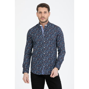 Camicia Uomo 1 Bottoni Button Down Slim Popeline Fantasia Blu/Celeste
