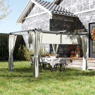Pergola 3 x 3 m toile toit rétractable 4 rideaux ajustables métal noir polyester haute densité 180g/m² crème