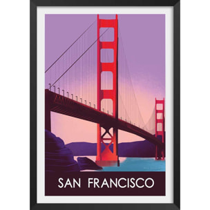 Affiche ville Le pont de San Francisco Affiche + cadre en bois - Noir