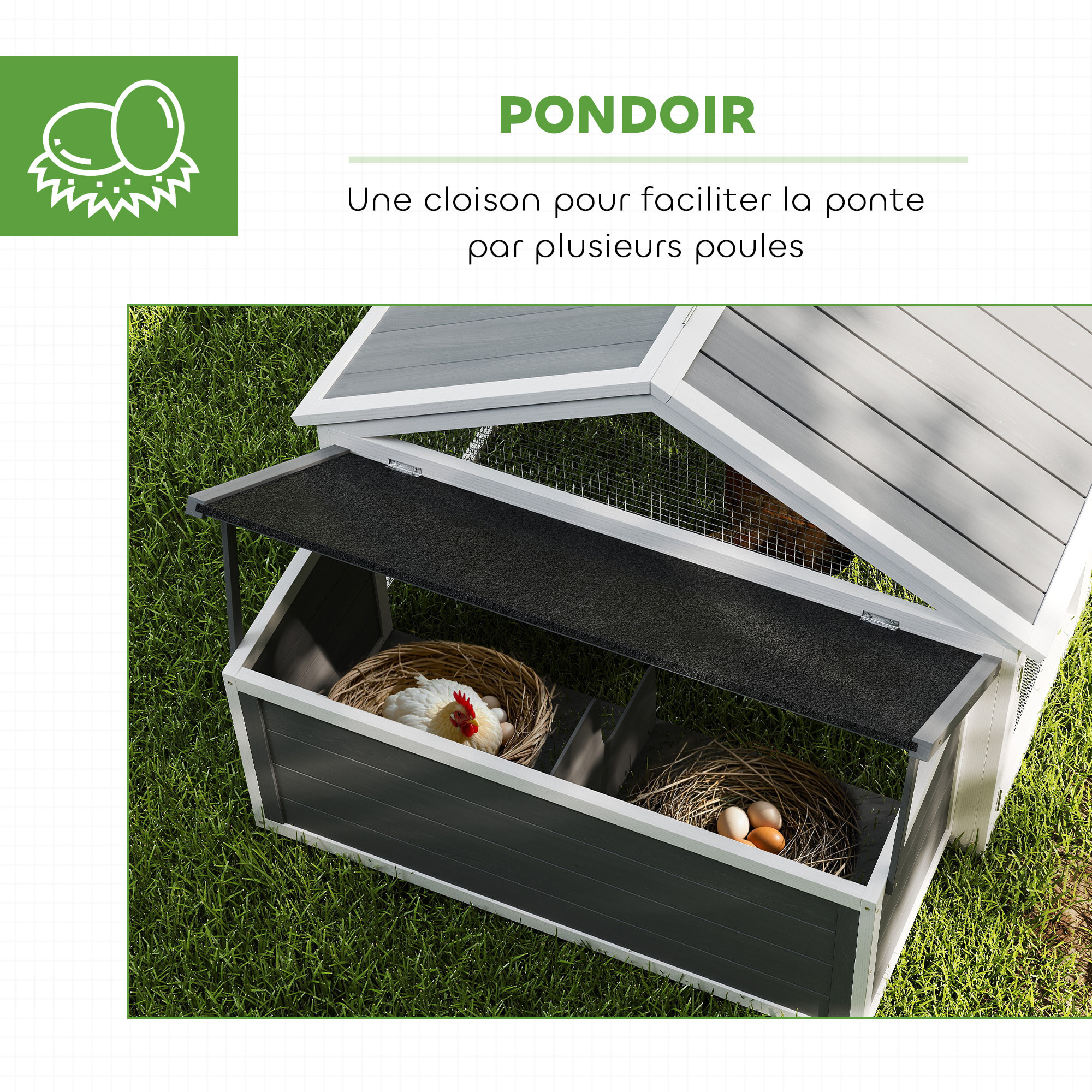 Poulailler espace couvert pondoir 2 zones - porte, toit ouvrant - 2,4 x 1,12 x 0,76 m - bois gris blanc