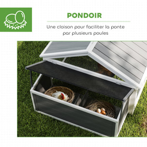 Poulailler espace couvert pondoir 2 zones - porte, toit ouvrant - 2,4 x 1,12 x 0,76 m - bois gris blanc