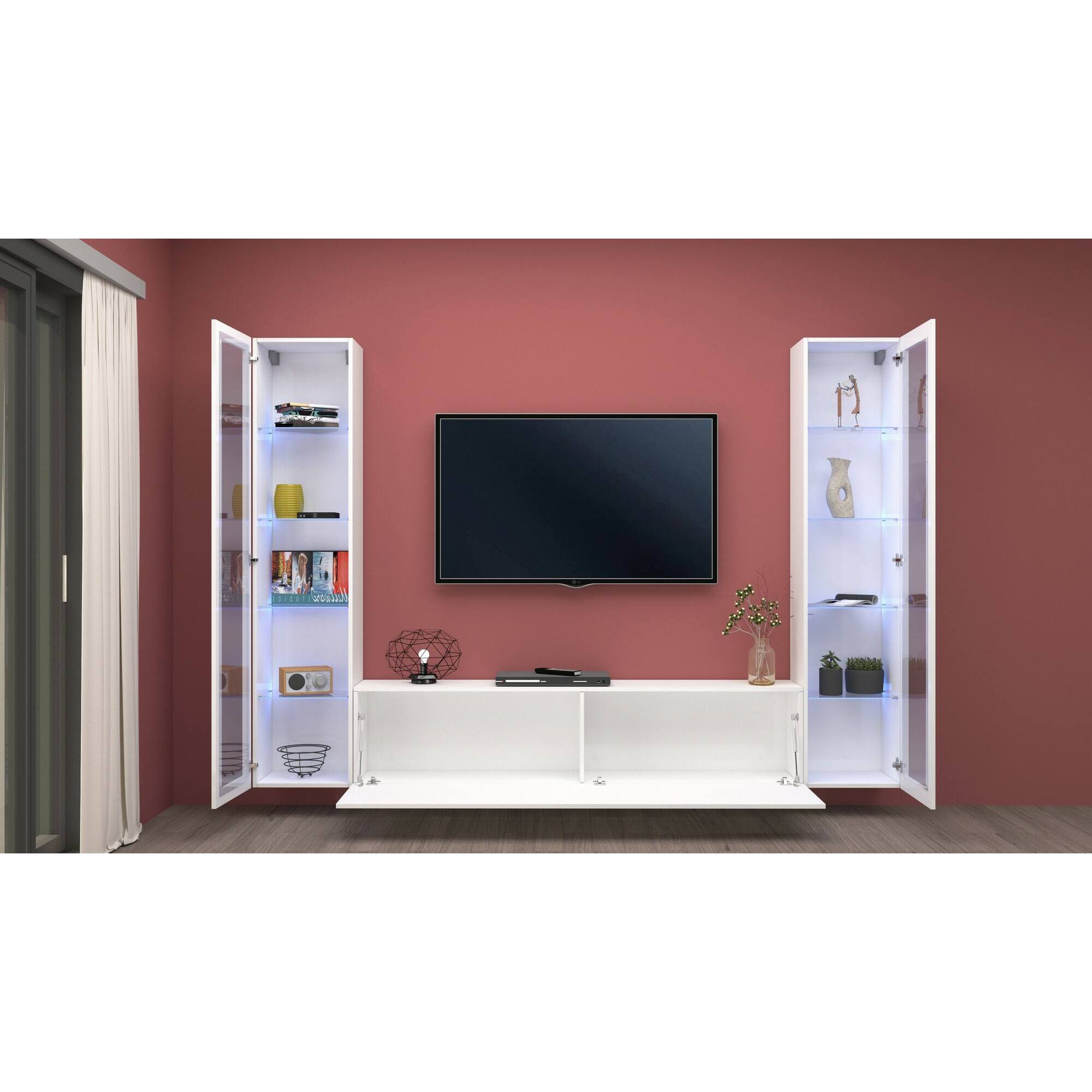 Parete attrezzata Gino, Set salotto porta TV a 3 ante, Mobile soggiorno multiuso con vetrina e luce LED, 100% Made in Italy, cm 260x30h180, Bianco lucido