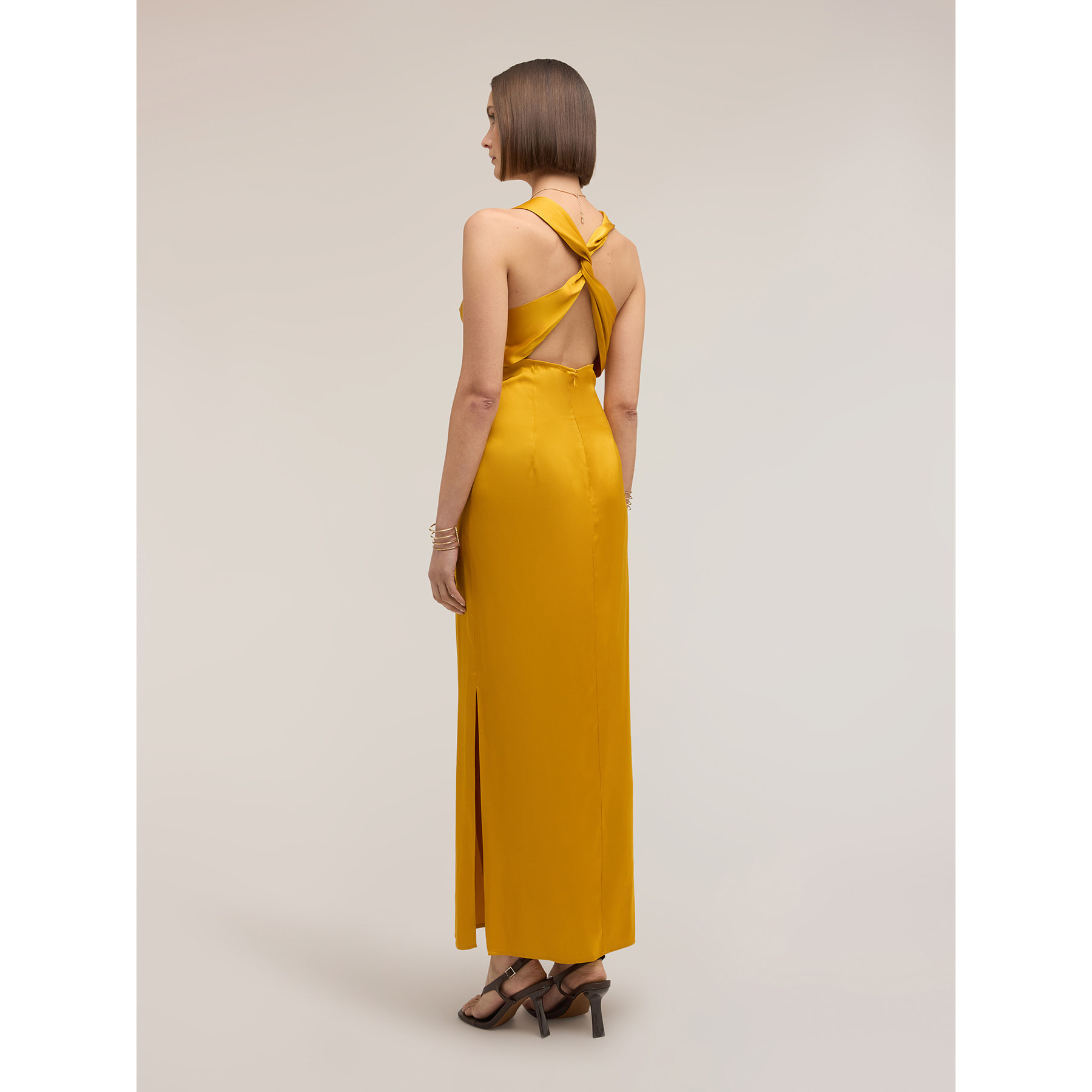 Motivi - Vestido largo de satén con drapeado - Amarillo