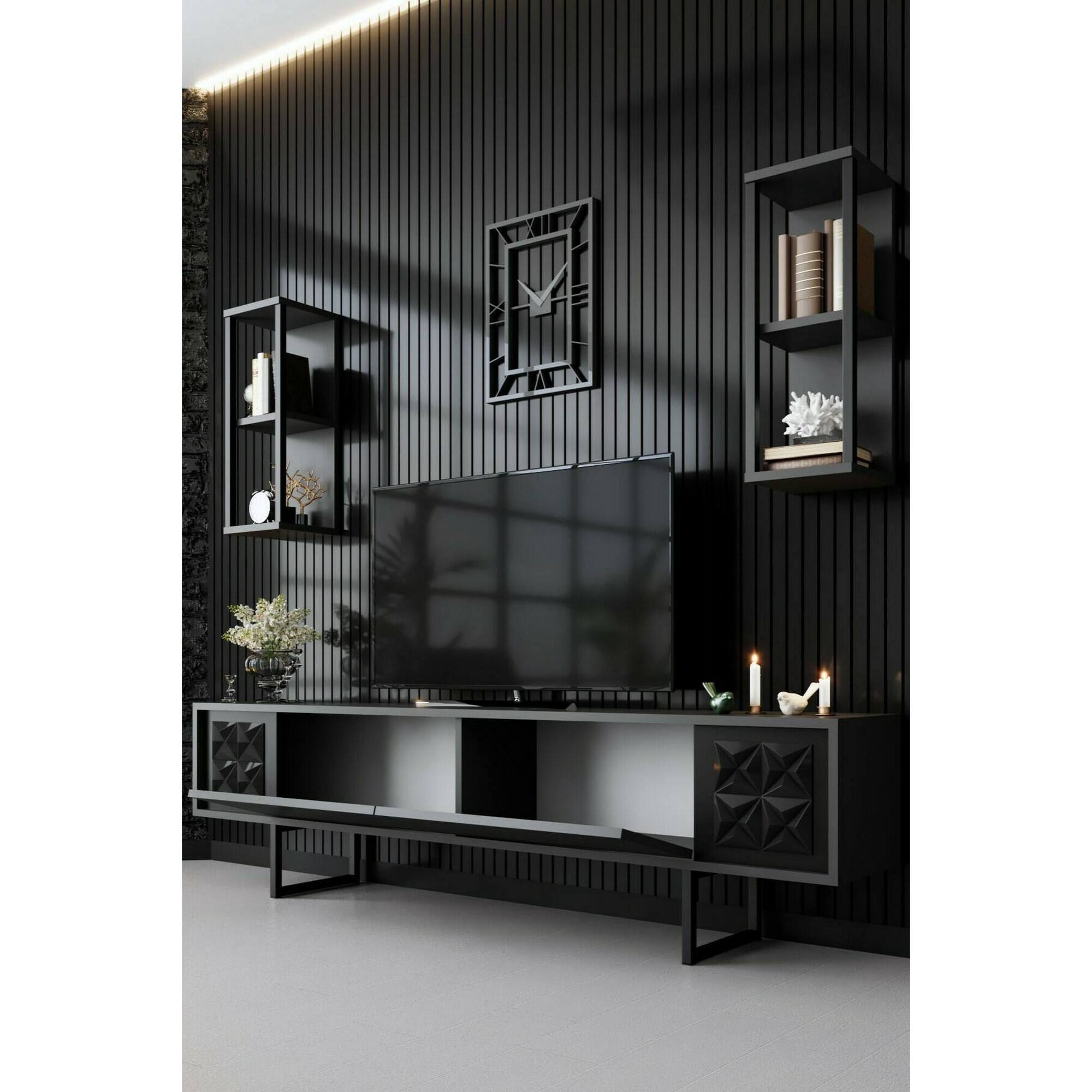 Mobile porta TV Dmiggian, Credenza da soggiorno, Armadio basso per TV, Base parete attrezzata, 180x30h48 cm, Antracite e Nero