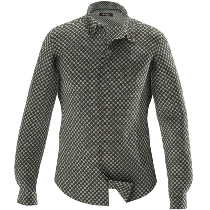Camicia Uomo 2bottoni Button Down Doppio Collo Slim Popeline Stampato bianco e marrone chiaro