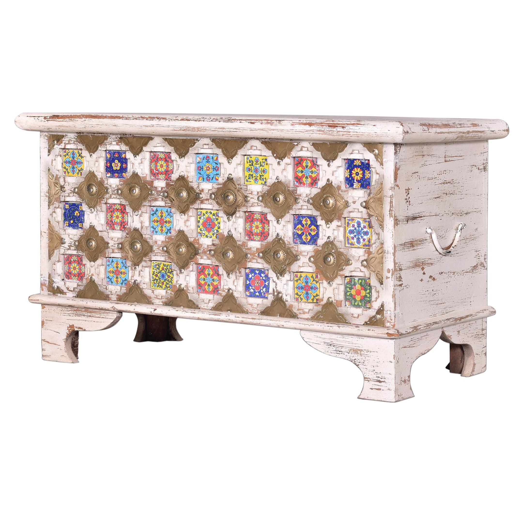 Baúl - madera de mango, cerámica y bronce - 80x40x46cm