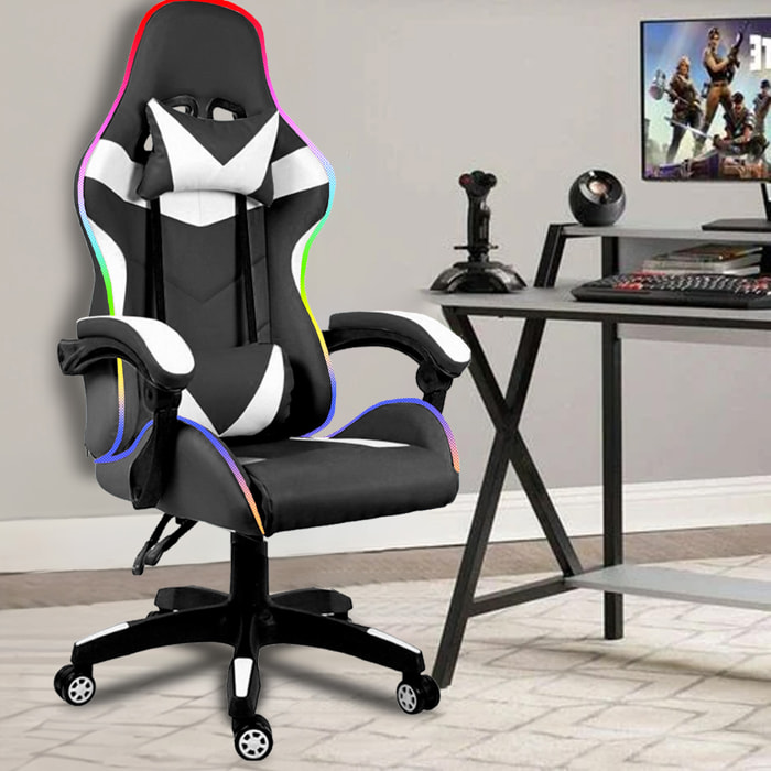 Sedia Gaming Con LED RGB Telecomando Poltrona Ufficio Scrivania Casa PC Racing Girevole Ergonomica Ecopelle Cuscino Lombare Poggiapiedi Nero Bianco