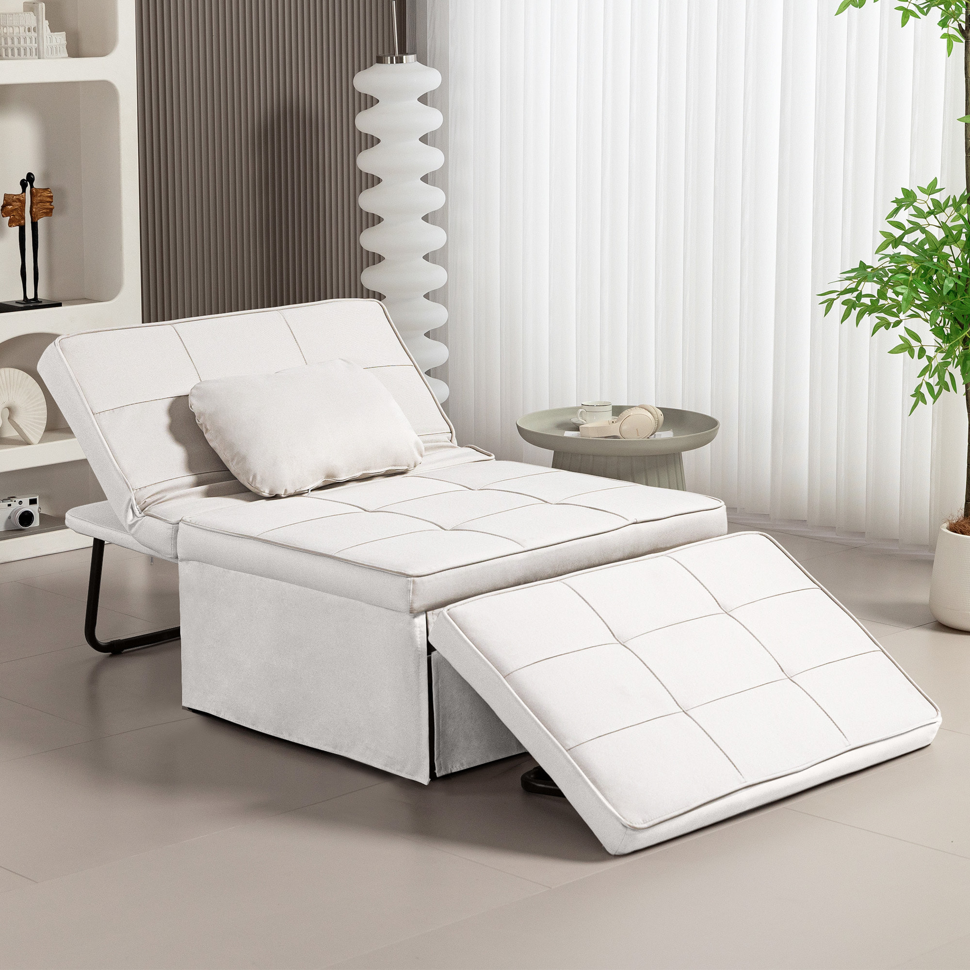 Sofá Cama Plegable 3 en 1 Sofá Cama de 1 Plaza Tapizado en Lino Sofá Cama Convertible con Respaldo Ajustable en 5 Posiciones Reposapiés y Reposacabezas Carga 200 kg Crema