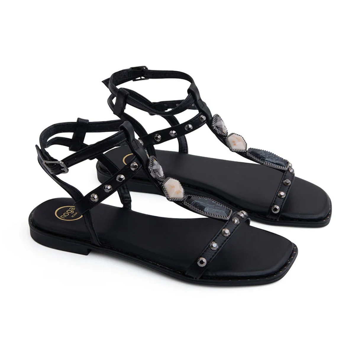 Sandalo alla schiava con castoni e pietre - NERO