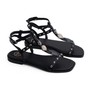 Sandalo alla schiava con castoni e pietre - NERO