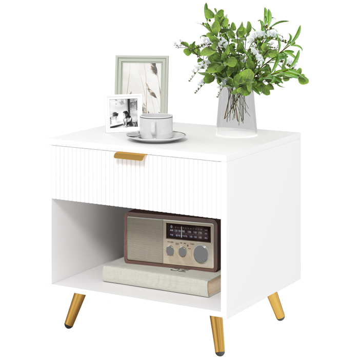 Mesita de Noche Moderna Mesilla de Noche con Cajón Mango Dorado y Compartimento Abierto Mesa Auxiliar para Dormitorio Salón 50x40x47 cm Blanco