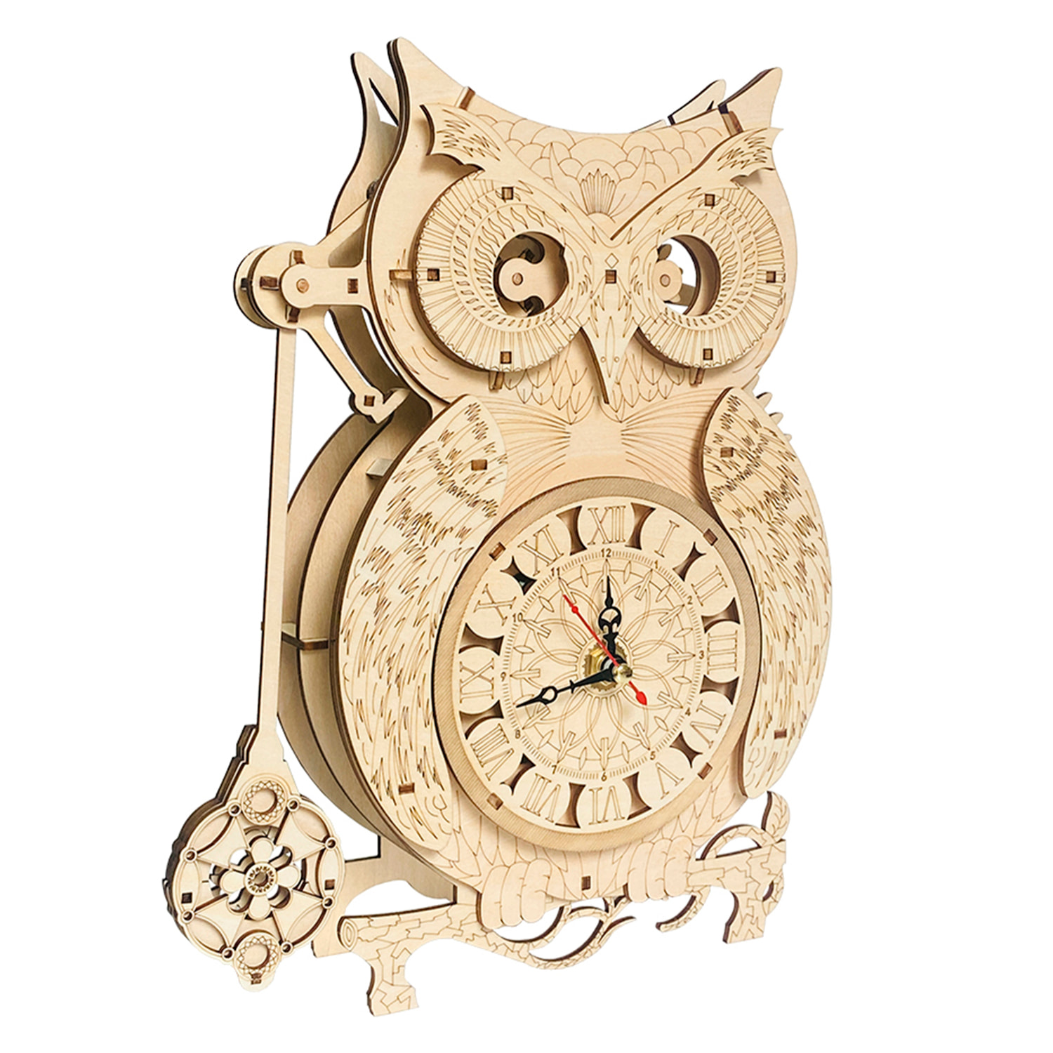 Maqueta de Madera 3D, con movimiento mecánico diseño de Reloj Búho. 106 piezas.