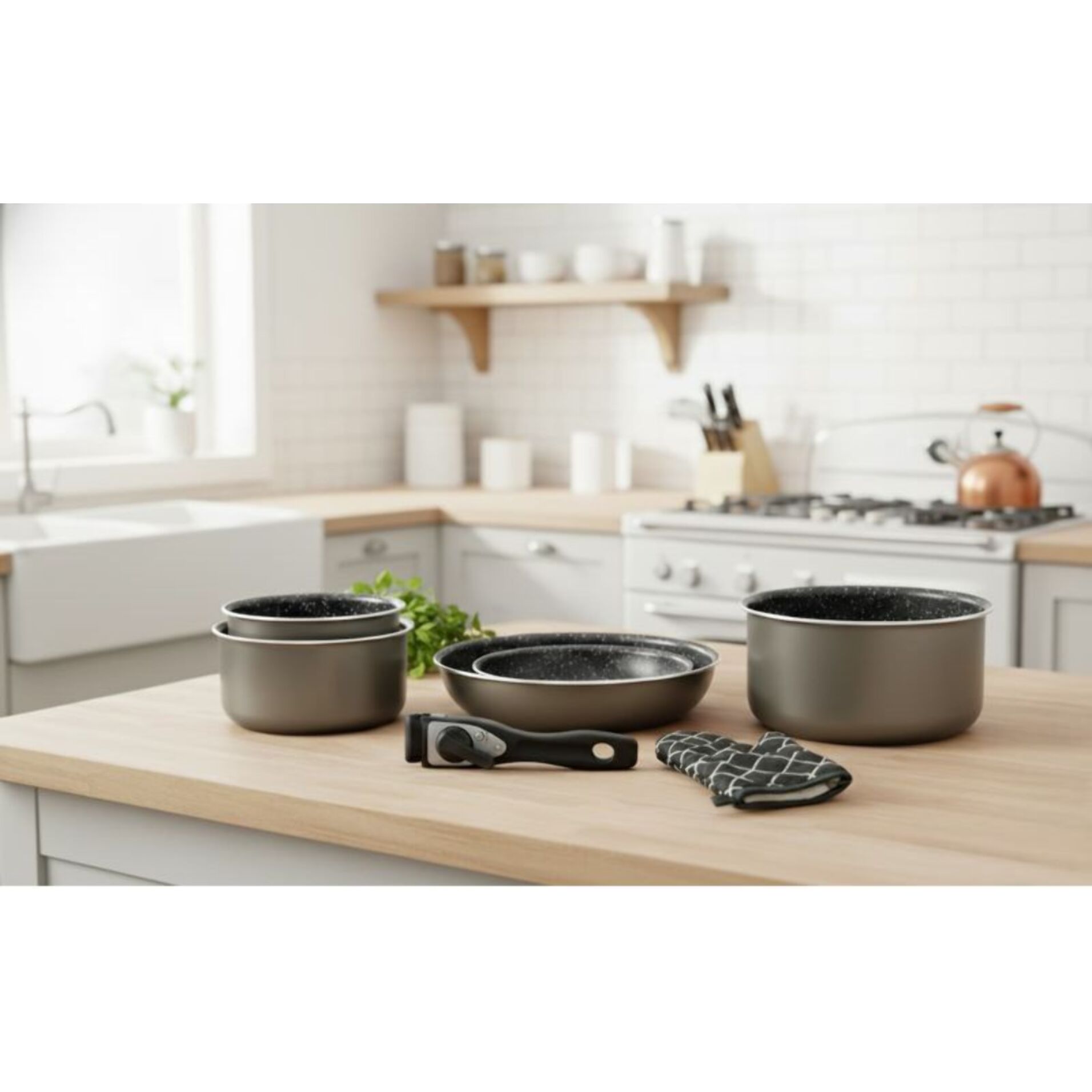 Batterie de cuisine revêtement pierre avec manche amovible 7 pièces carbonne Herzberg HG8053-CAR