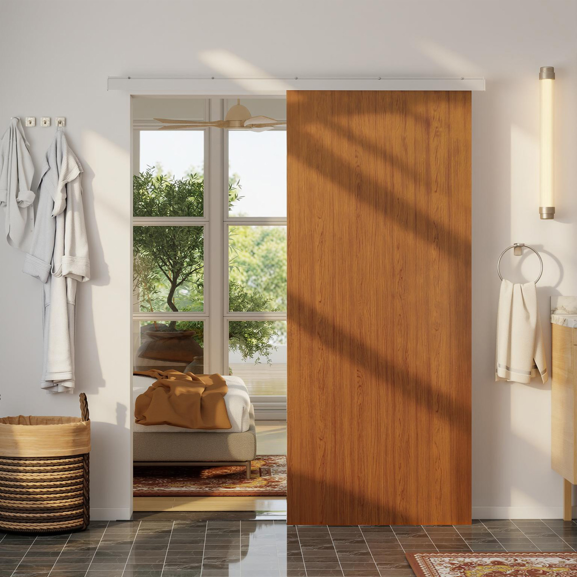 Puerta Corredera con Herrajes 90x210 cm, Puerta Corredera Interior con Rodillo, Riel de Aluminio, Guía de Suelo, para Baño, Salón, Sala de Estar, Marrón