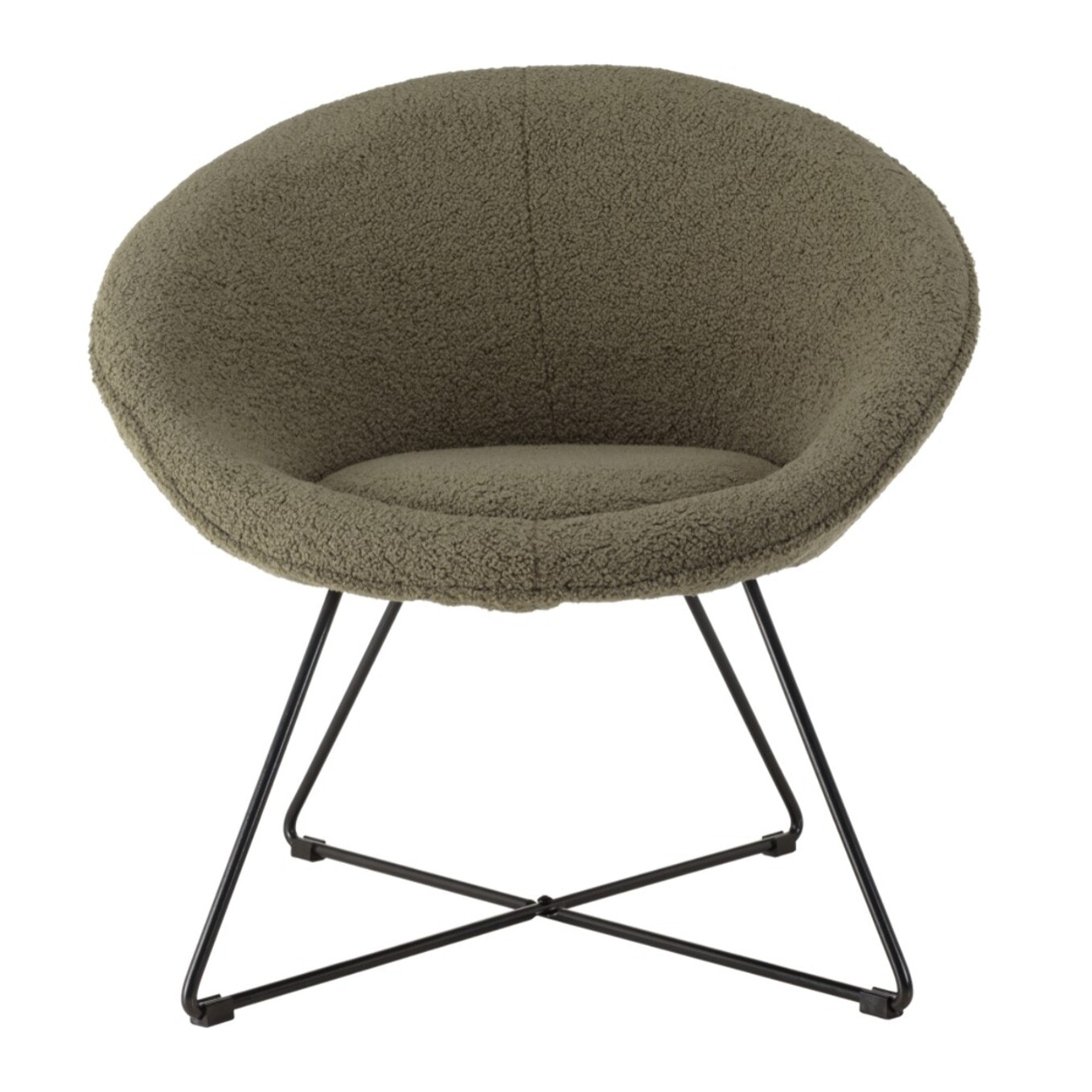 AGATHE - Fauteuil tissu bouclette vert kaki pieds croisés métal noir