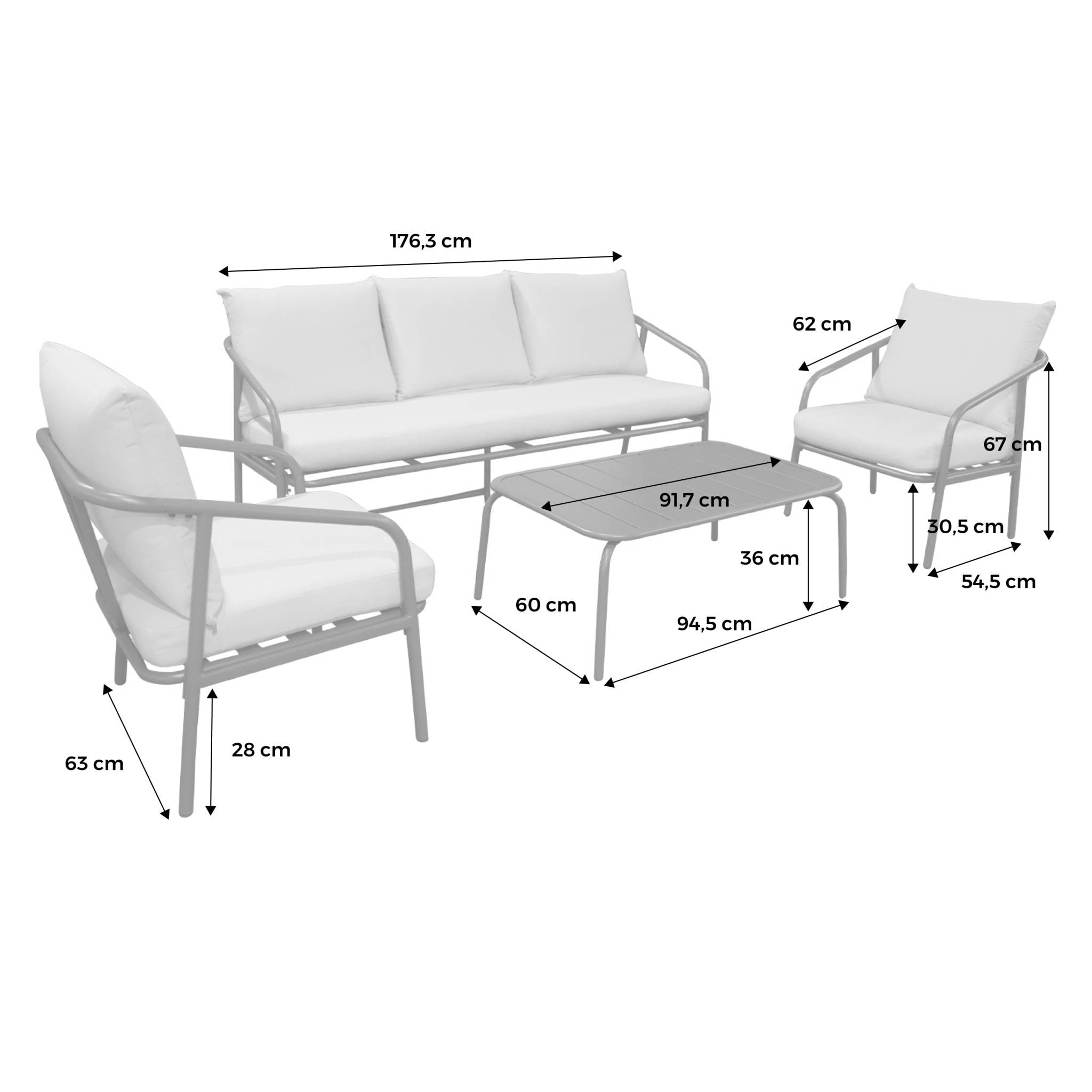 Salon de jardin en acier. structure kaki. coussins beige. 5 places