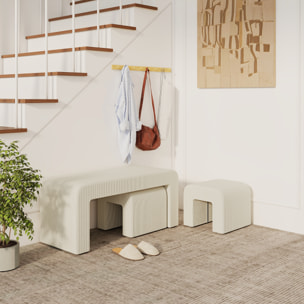 Juego de 3 Bancos Zapateros, Grande y 2 Pequeños, Bancos Recibidores Modernos de Pana, Diseño Compacto, Mesa Auxiliar para Salón, Entrada, Pasillo, Dormitorio, 104x44x48 cm, Crema