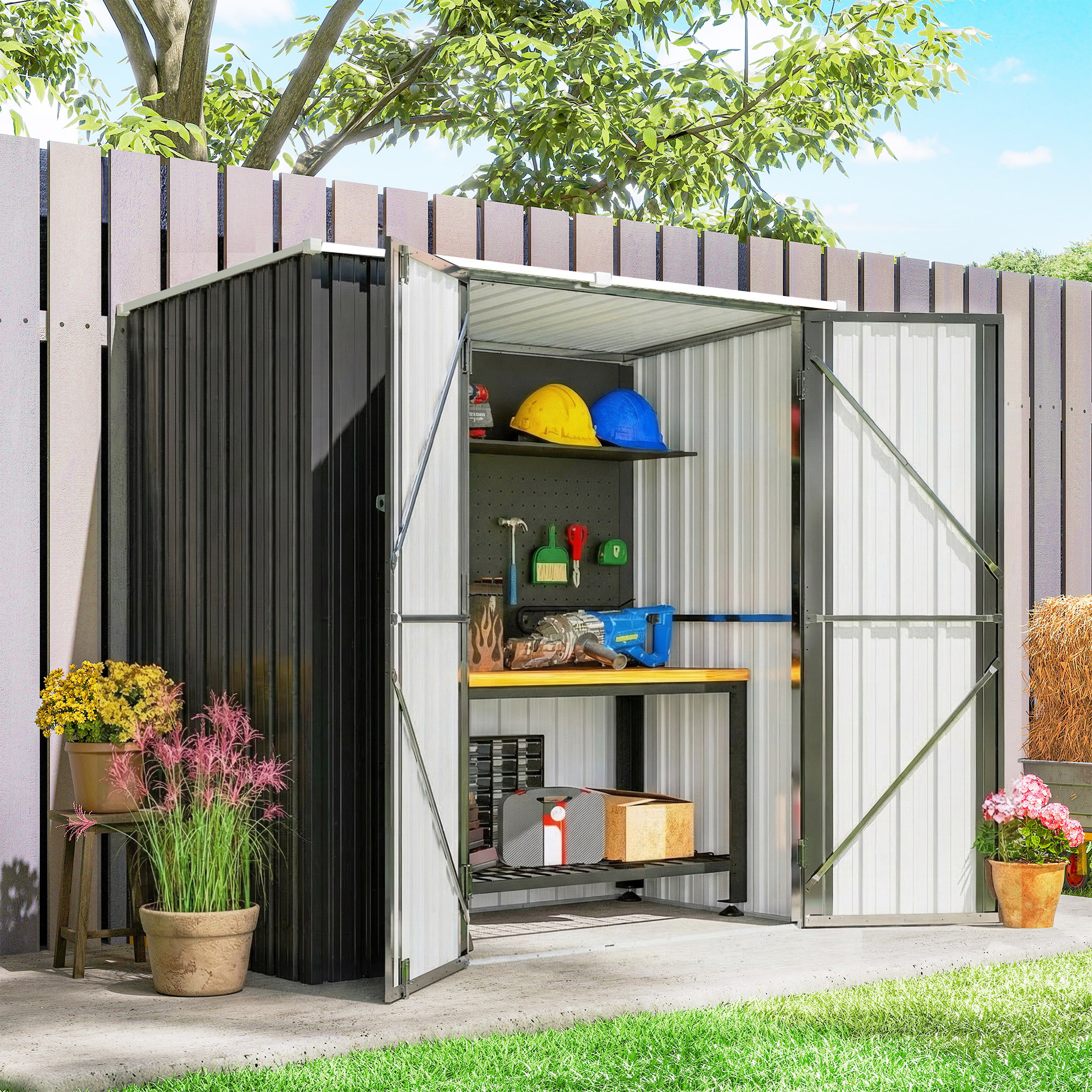 Caseta de Jardín Exterior 1,37 m², 163x89x163 cm, Cobertizo de Jardín Exterior Metálico con Techo Inclinado, Puertas con Pestillo y Guantes para Almacenamiento de Herramientas, Gris Oscuro