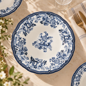 Lot de 6 assiettes plates 26cm fleuries en grès bleu  FAUSTINE