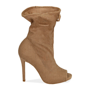 Ankle boots beige in microfibra traforata, tacco 11 cm