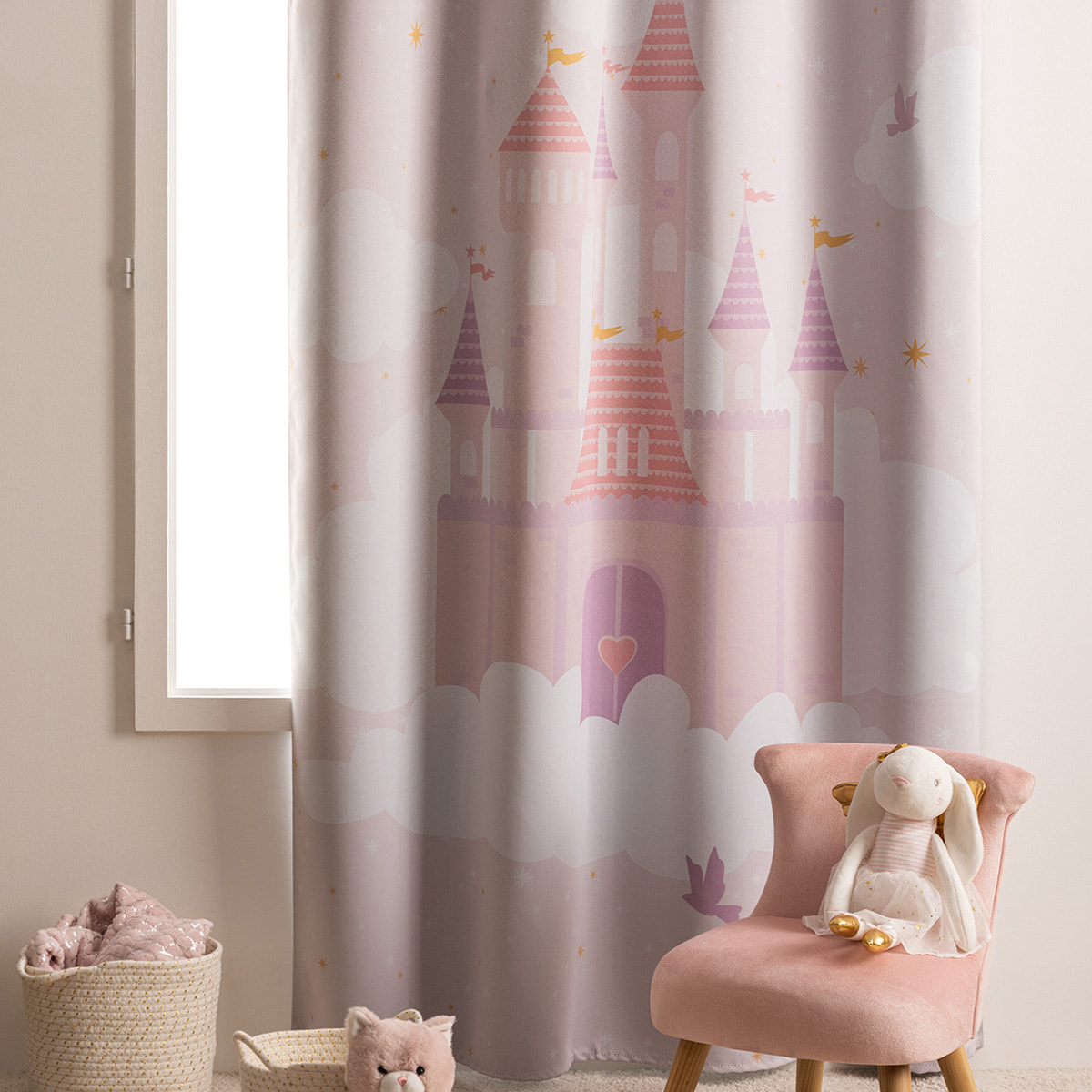 Rideau occultant enfant "Château" 135x260cm rose clair