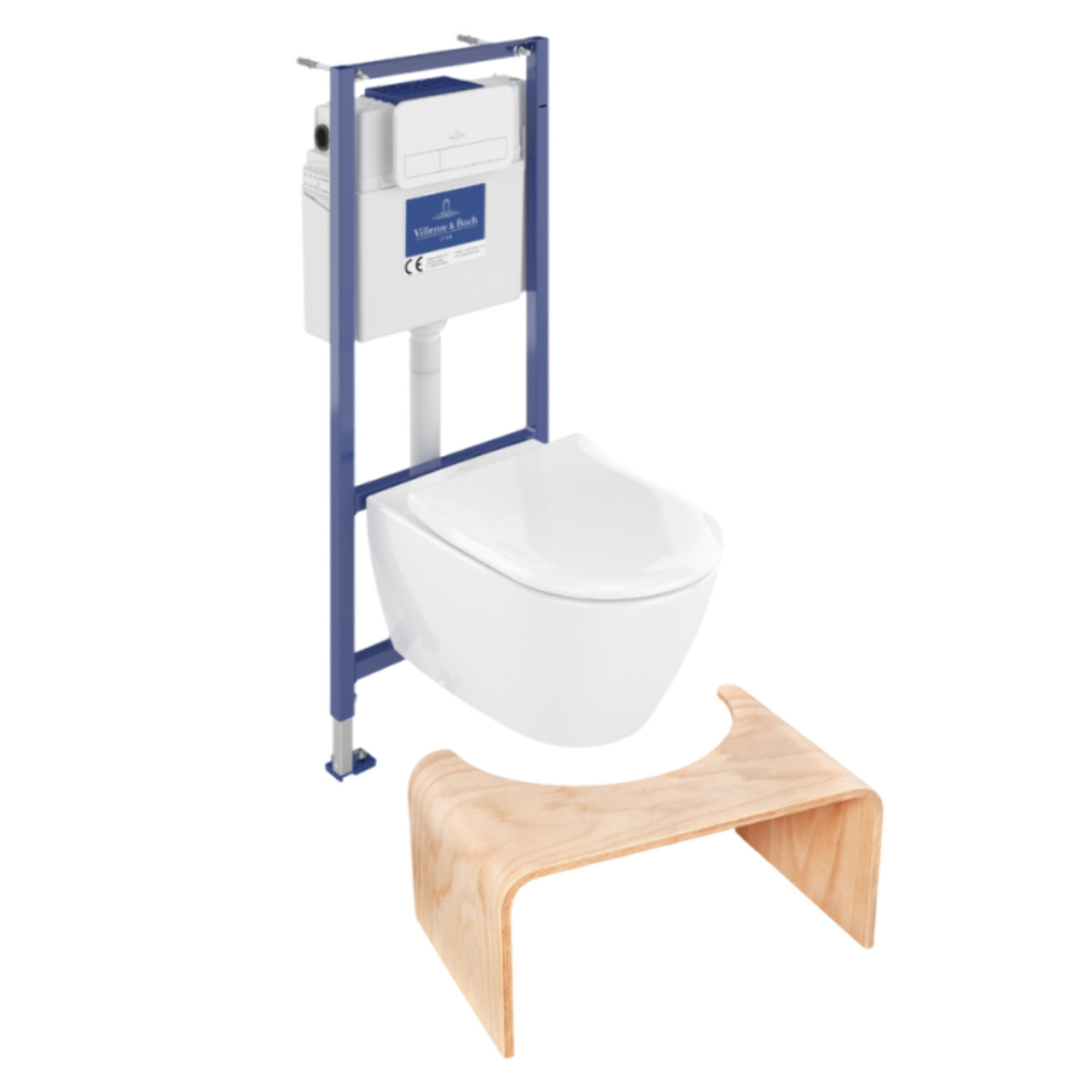 Pack WC sans bride Subway 2.0 abattant frein de chute + bâti-support sol et mur Viconnect PRO + plaque Chromé  + Tabouret bois