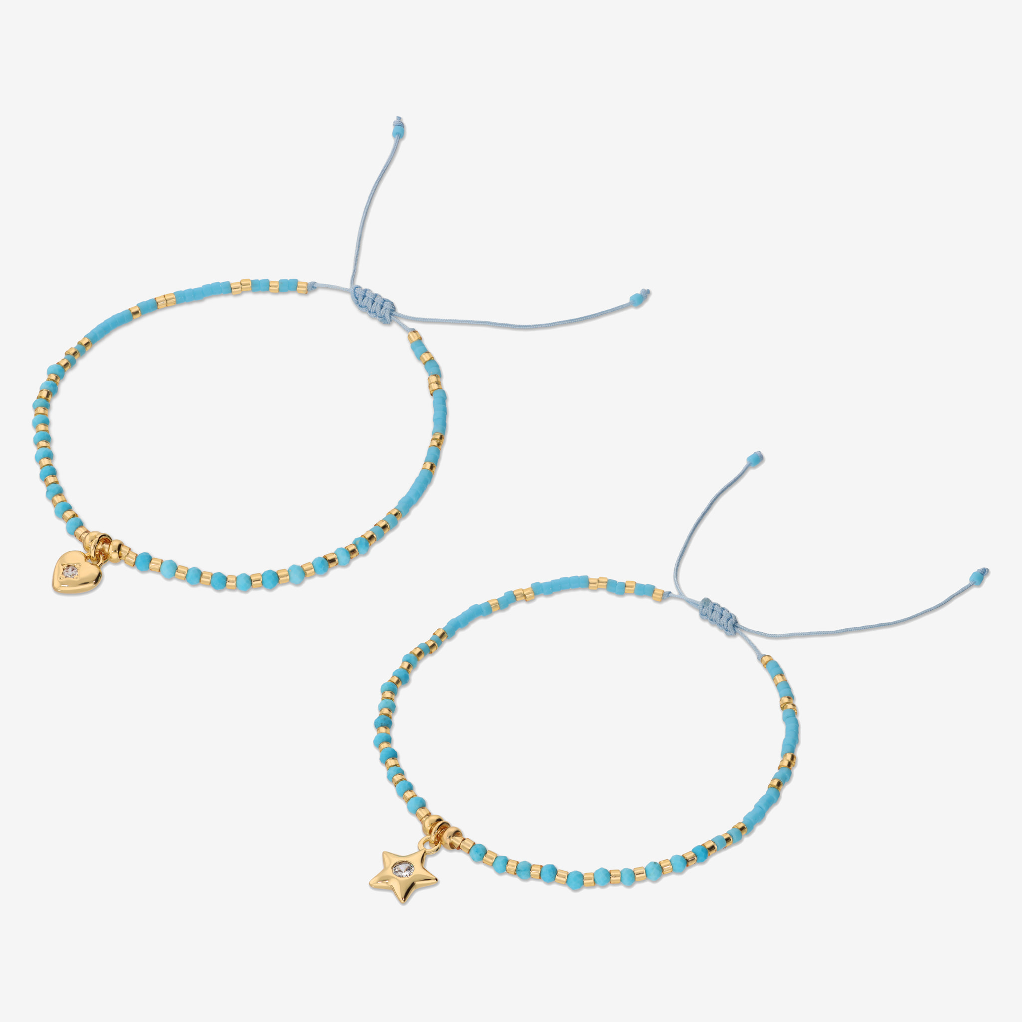 Set 2 Bracciali Regolabili con Pietre Naturali Blu e Ciondolo Cuore e Stella