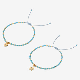Set 2 Bracciali Regolabili con Pietre Naturali Blu e Ciondolo Cuore e Stella