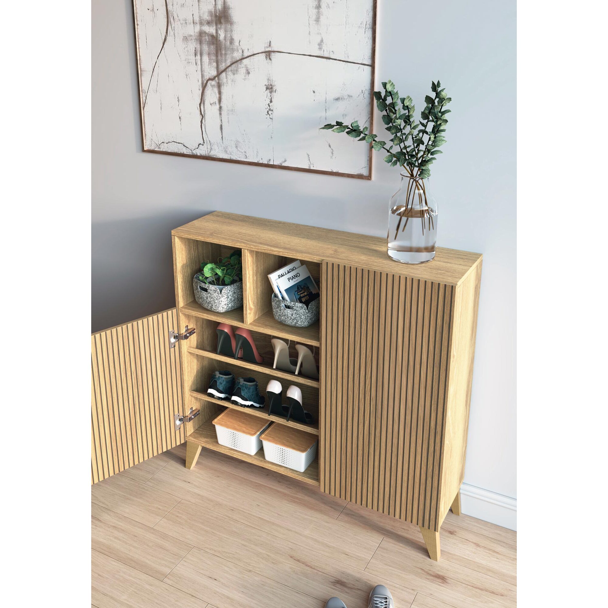 Zapatero Moss melamina roble dorado puertas impresión vallado 87x90x27 cm