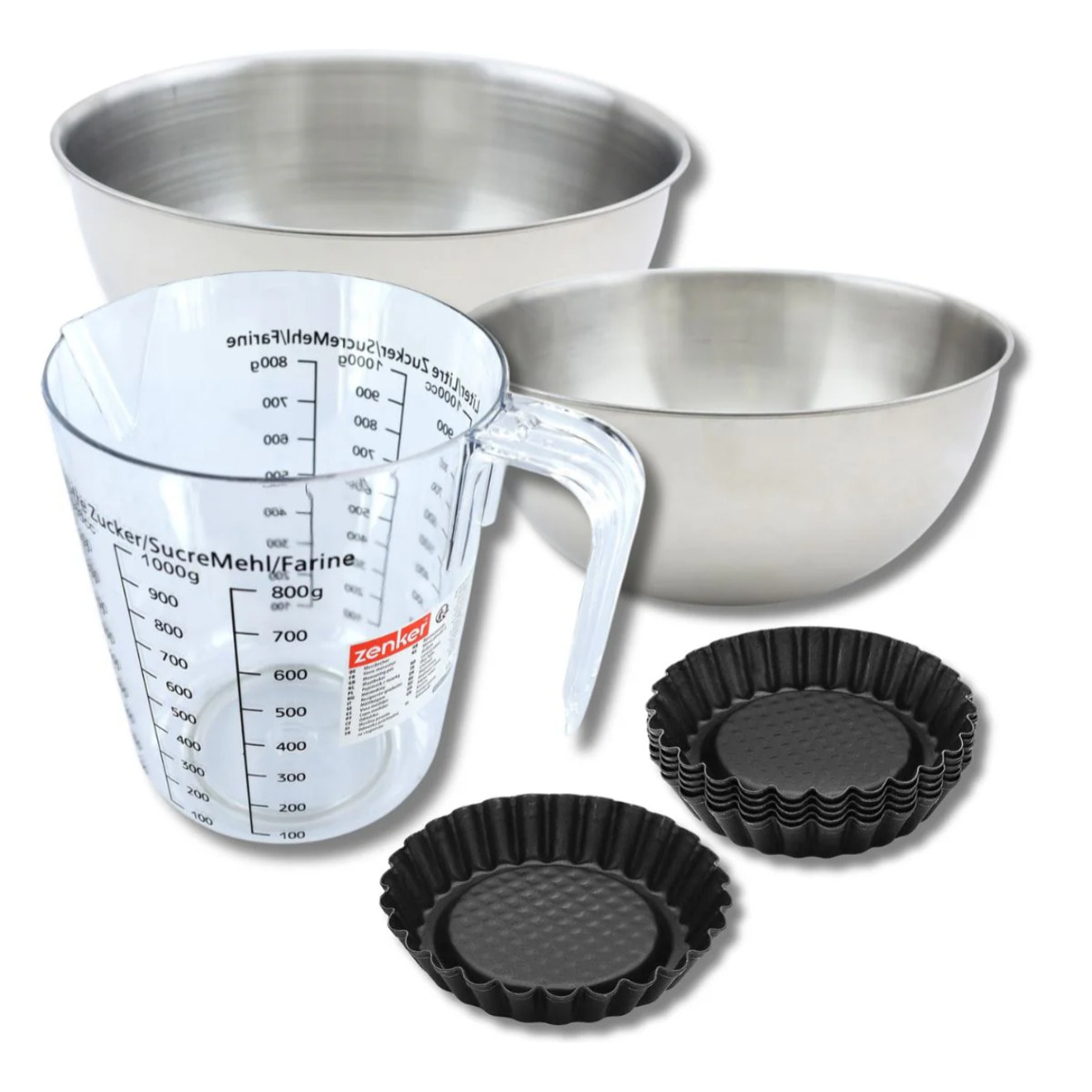 Set pâtisserie avec 6 moules à tartelettes renversées 10 cm, 2 bols à mixer, verre mesureur et spatule Zenker