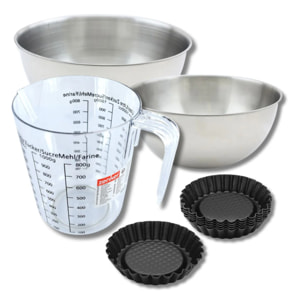 Set pâtisserie avec 6 moules à tartelettes renversées 10 cm, 2 bols à mixer, verre mesureur et spatule Zenker