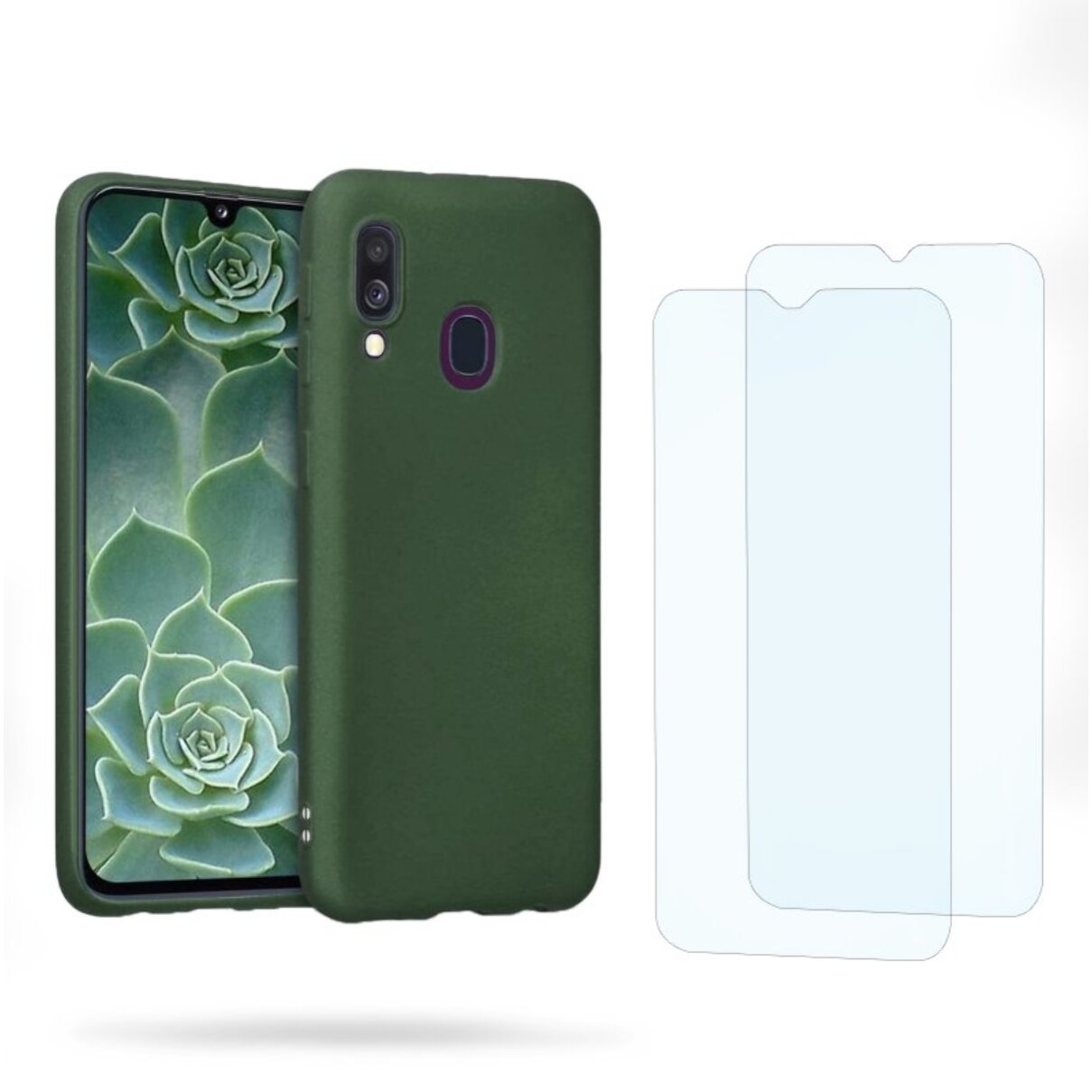 Coque Samsung Galaxy A40 Vert Foret Silicone liquide + 2 Vitres en Verre trempé Protection écran Antichocs