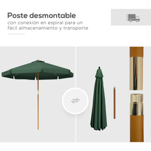 Sombrilla de Jardín Ø325x250 cm Parasol de Madera con Sistema de Polea Techo de Ventilación y 8 Varillas de Bambú para Terraza Balcón Exterior Verde Oscuro