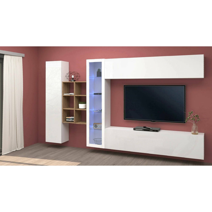 Parete attrezzata Alessano, Set salotto porta TV a 4 ante, Mobile soggiorno multiuso con vetrina e luce LED, 100% Made in Italy, cm 280x30h180, Bianco lucido e Acero