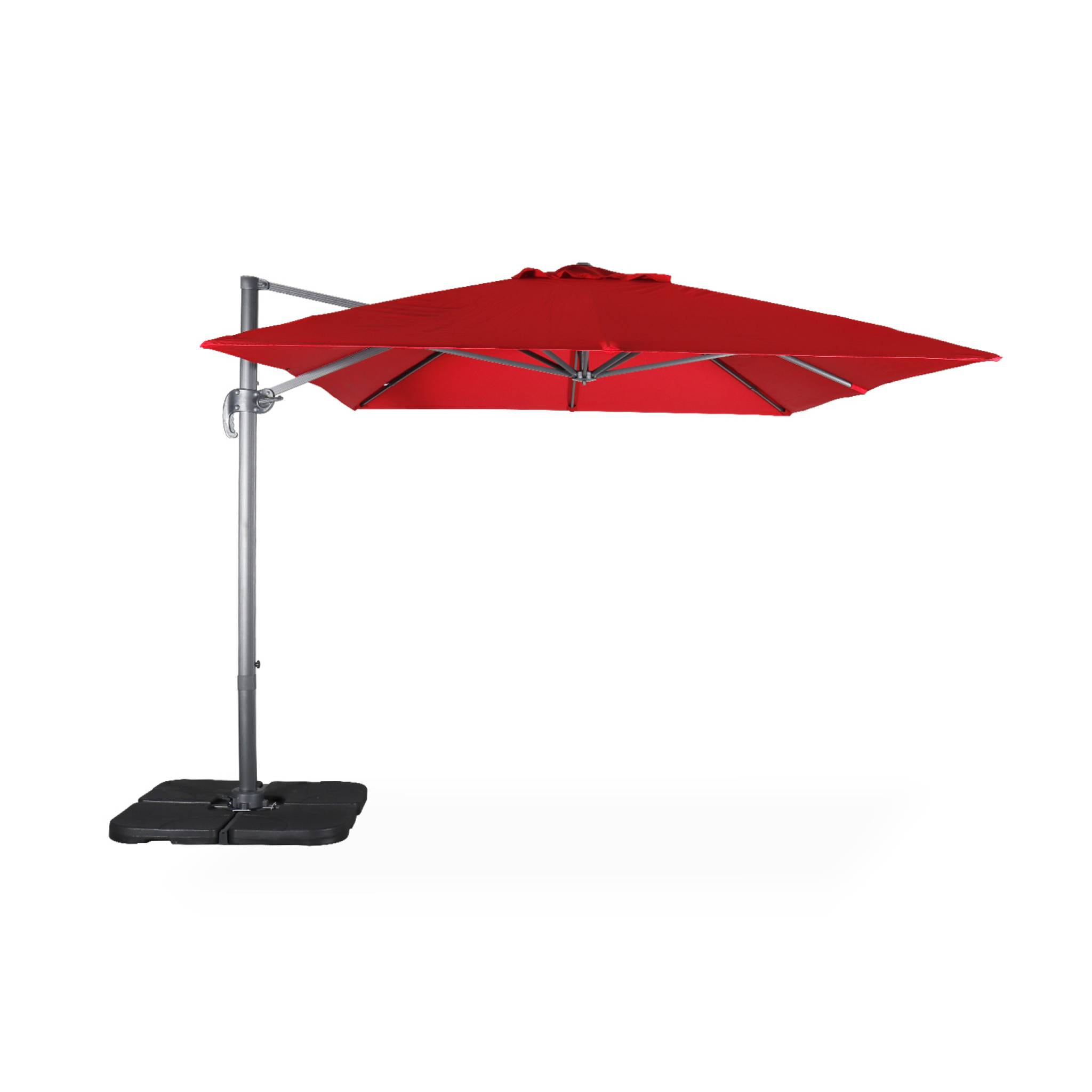 Parasol déporté rectangulaire rouge 3x4m + dalles à lester 50x50cm