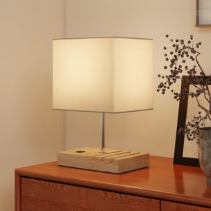 Lámpara de Mesa con Puertos USB-A/C, Tres Ranuras para Teléfonos, Lámpara de Mesita de Noche Moderno con Base de Madera y Pantalla de Tela, para Dormitorio, Salón, E27, 40W, Blanco