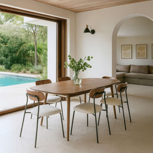 Ensemble table rectangulaire effet bois et 6 chaises écru