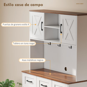 Alacena de Cocina Alta, Mueble Auxiliar de Cocina, Botellero para 8 Botellas, 4 Puertas, 3 Cajones, Estantes Abiertos, Encimera Amplio, 4 Ganchos, Orificio para Cables, Blanco, 100x38x172 cm