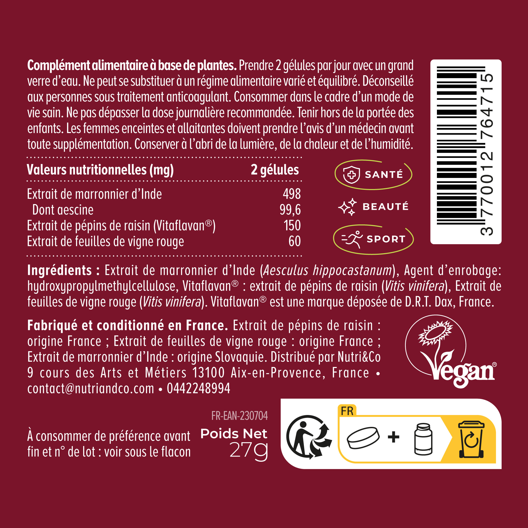 Nutri&Co Formule Jambes Légères et Circulation Brevetée - 60 gélules Vegan