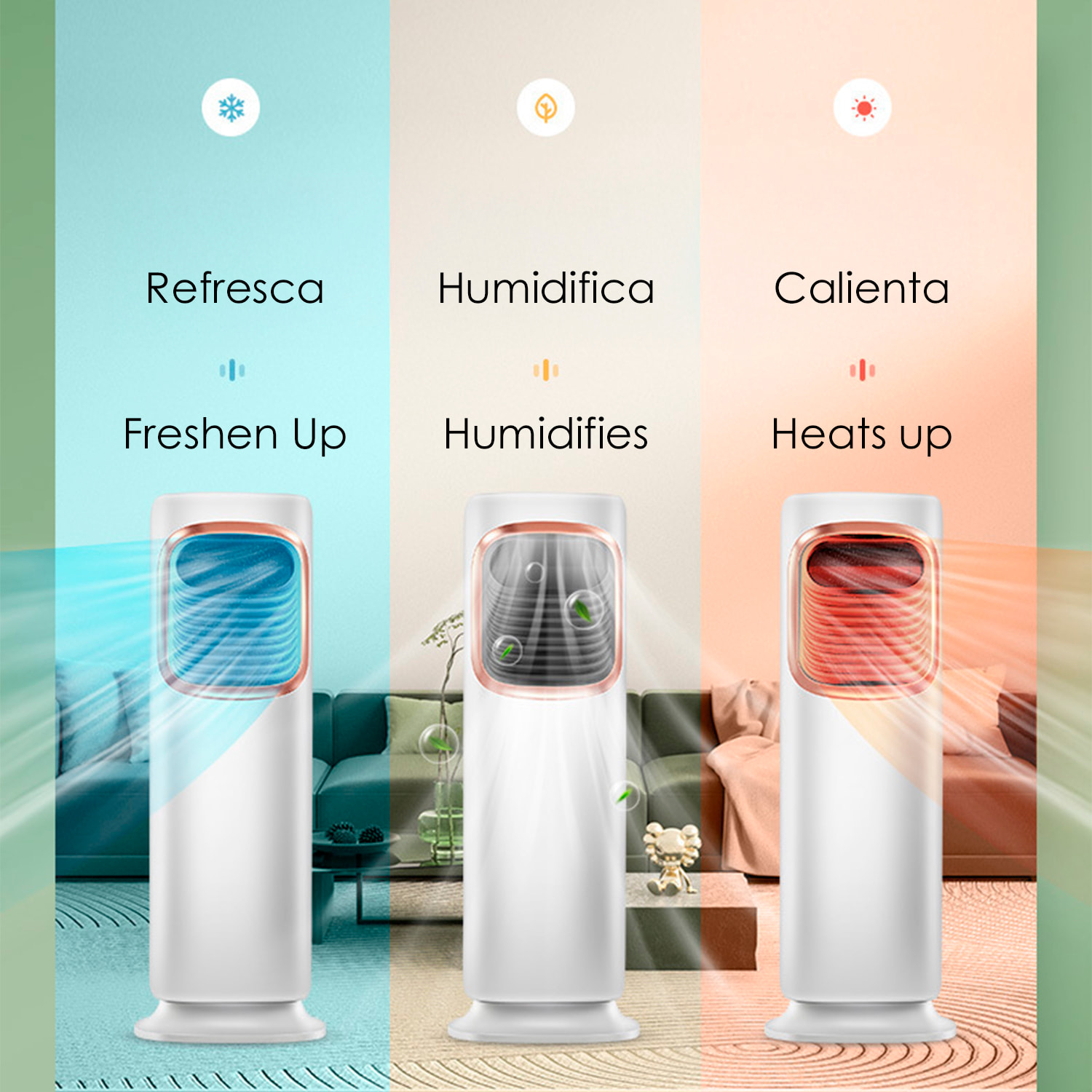 Climatizzatore multifunzione senza pale, con 2 livelli di riscaldamento e raffreddamento. Serbatoio d'acqua da 3L e telecomando.