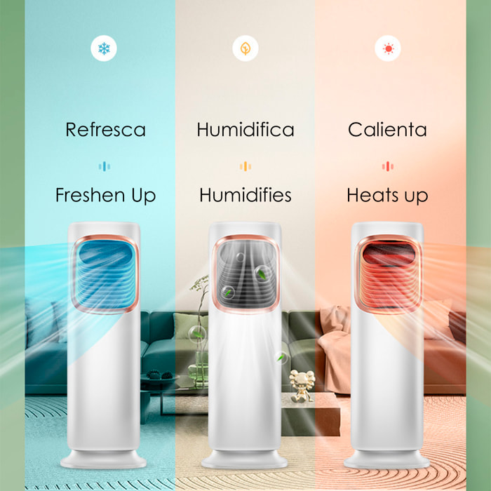 Climatizzatore multifunzione senza pale, con 2 livelli di riscaldamento e raffreddamento. Serbatoio d'acqua da 3L e telecomando.