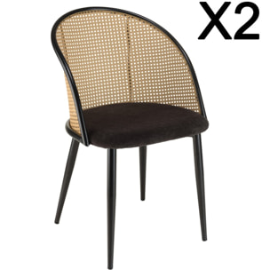 LEA - Lot de 2 fauteuils tissu noir dossier arrondi effet cannage