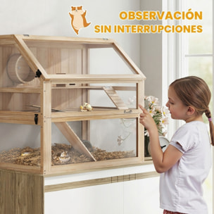 Jaula para Hámster de Madera 3 Niveles, Casa para Roedores Pequeños con Base Profundo Desmontable, Balancín, Rueda de Ejercicio, Rampas, Casita, Paneles Transparentes, Jerbos, Enanos, Natural