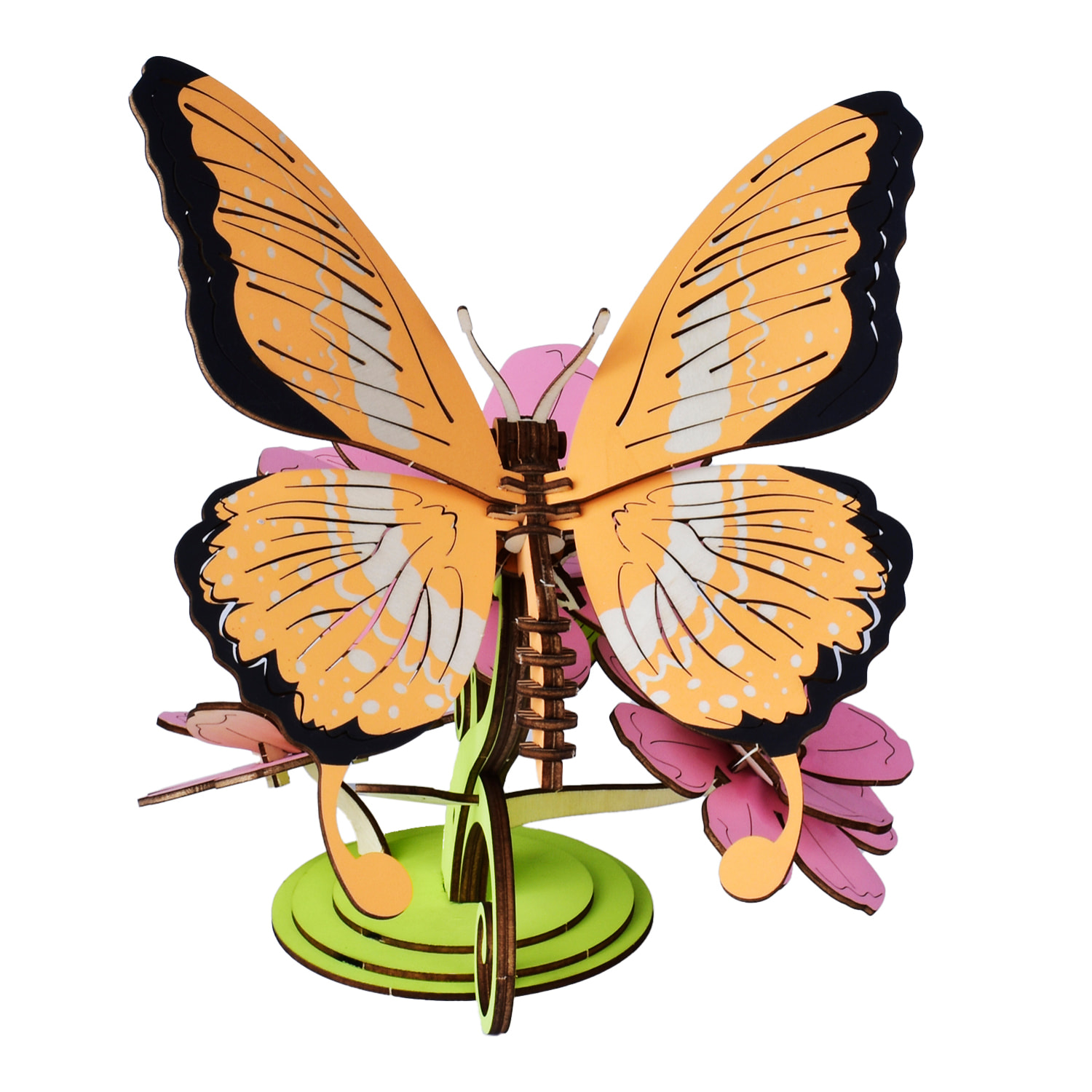 Maqueta 3D de madera. Mariposa posada en flores. 80 piezas.