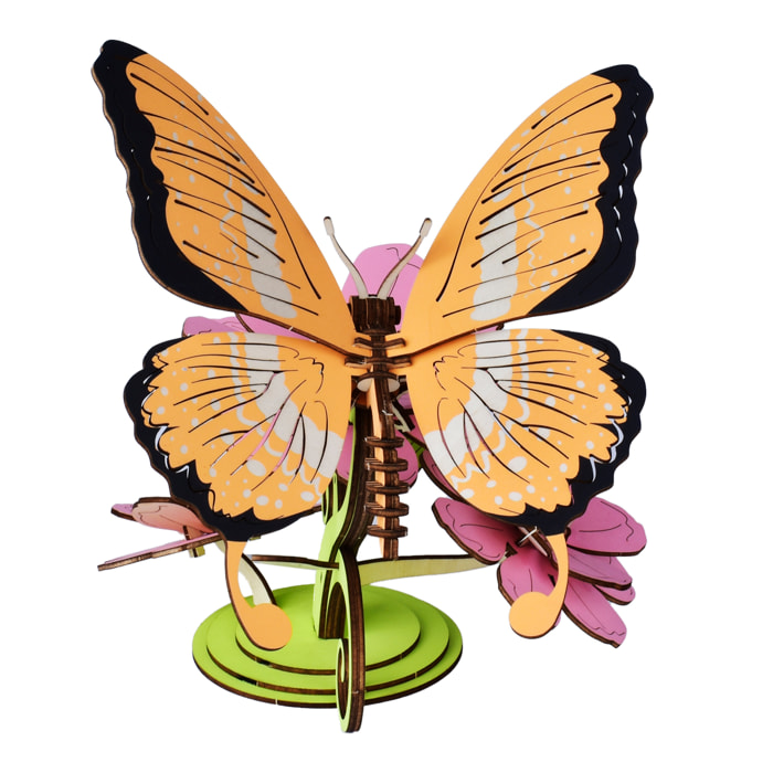 Maqueta 3D de madera. Mariposa posada en flores. 80 piezas.
