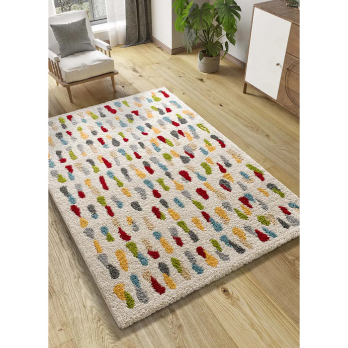BREMEN Alfombra shaggy geométrica en blanco y motivos multicolor, varias medidas disponibles